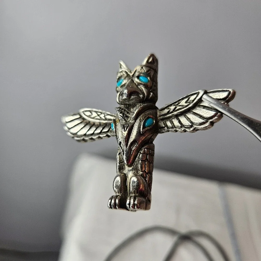 Vtg Bolo Tie Eagle Totem Silver Tone Turquoise Black Leather Braided Cord Native